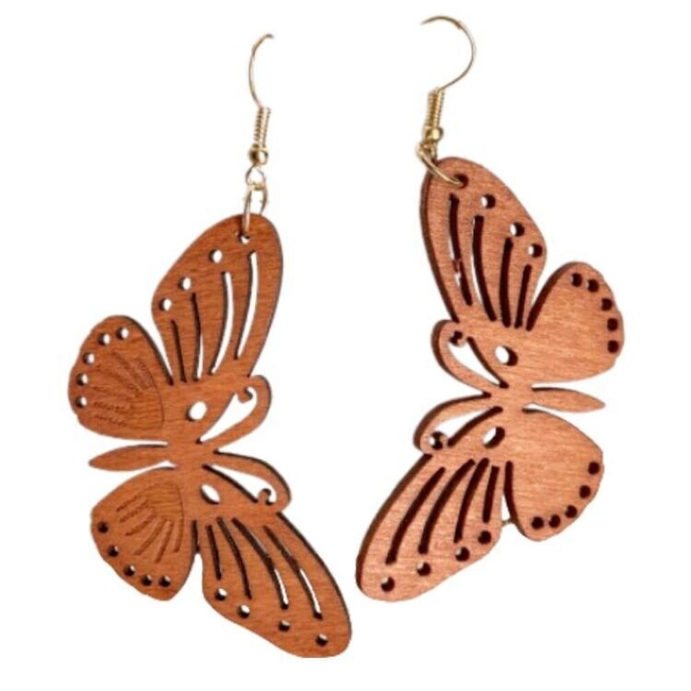 NEW Laser Cut Wood BUTTERFLY Dangle Earrings Brown Natural Lightweight Spring